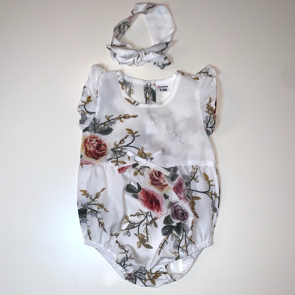 PatPat Baby Girl Floral Romper W/Headband Size 6-9